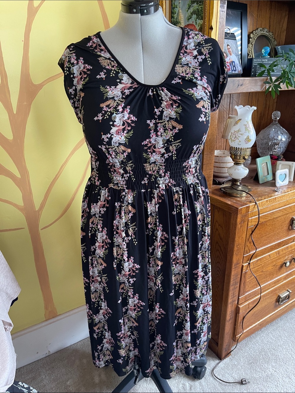 Melissa Masse -Black Floral Smocked Midi Dress with Pink & Cream Blooms Xl